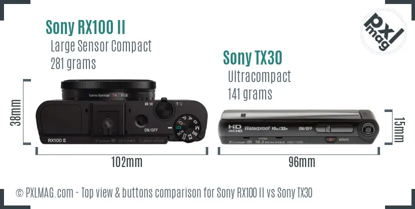 Sony RX100 II vs Sony TX30 top view buttons comparison