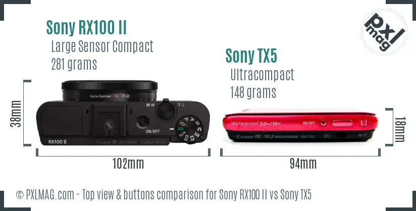 Sony RX100 II vs Sony TX5 top view buttons comparison