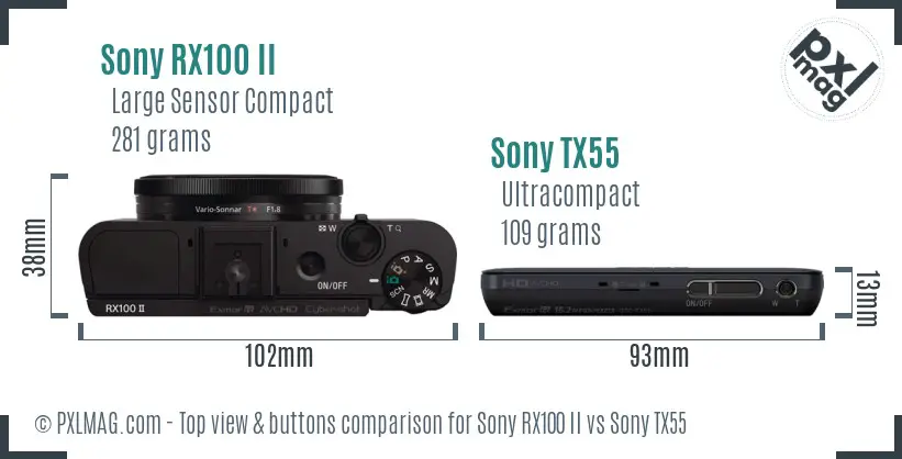 Sony RX100 II vs Sony TX55 top view buttons comparison