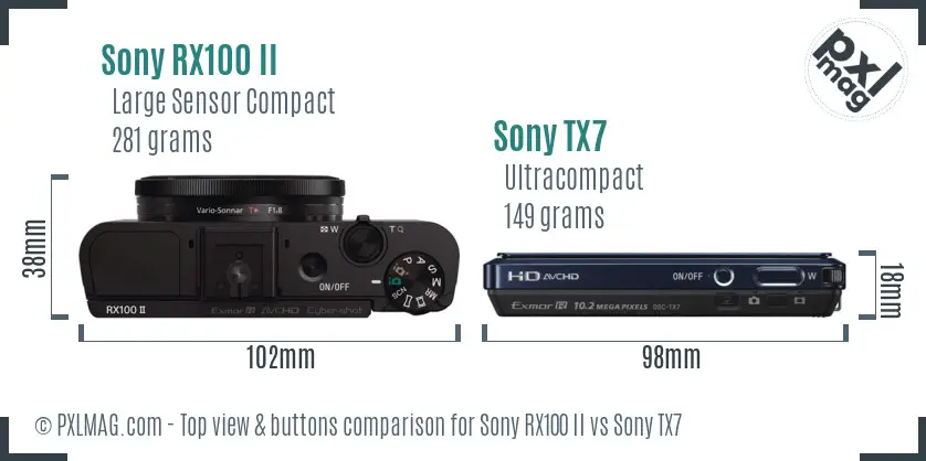 Sony RX100 II vs Sony TX7 top view buttons comparison