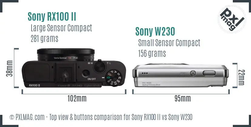 Sony RX100 II vs Sony W230 top view buttons comparison