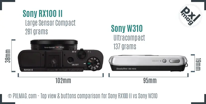 Sony RX100 II vs Sony W310 top view buttons comparison