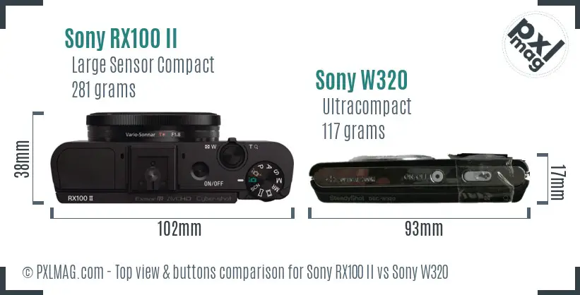 Sony RX100 II vs Sony W320 top view buttons comparison