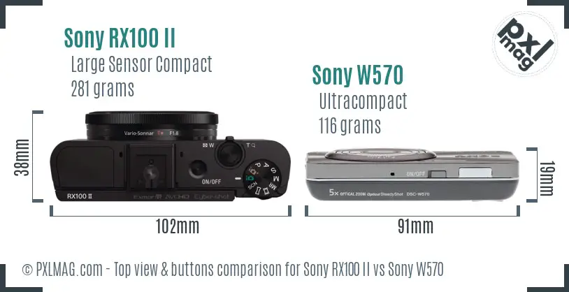 Sony RX100 II vs Sony W570 top view buttons comparison
