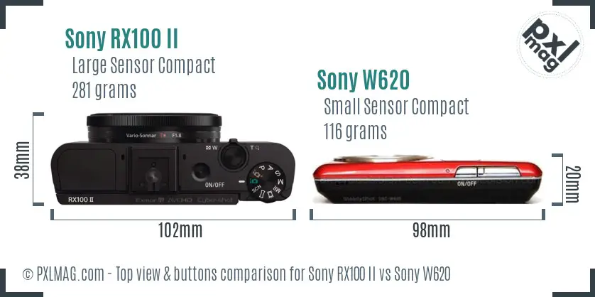 Sony RX100 II vs Sony W620 top view buttons comparison