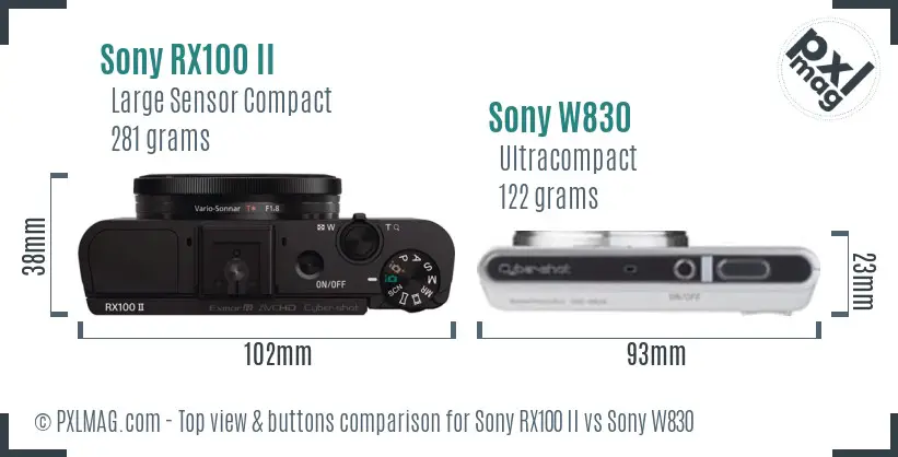 Sony RX100 II vs Sony W830 top view buttons comparison