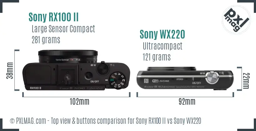 Sony RX100 II vs Sony WX220 top view buttons comparison