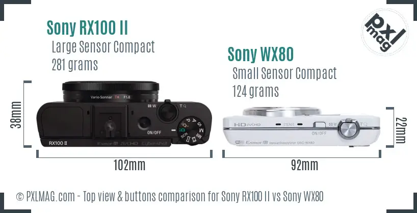 Sony RX100 II vs Sony WX80 top view buttons comparison
