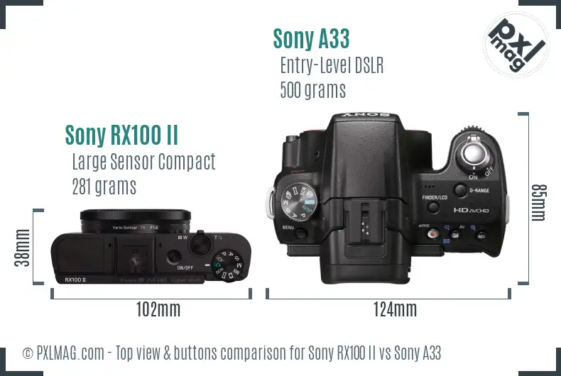 Sony RX100 II vs Sony A33 top view buttons comparison