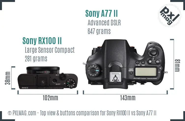 Sony RX100 II vs Sony A77 II top view buttons comparison