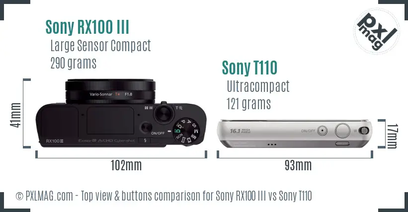 Sony RX100 III vs Sony T110 top view buttons comparison