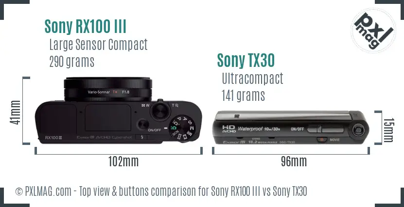 Sony RX100 III vs Sony TX30 top view buttons comparison