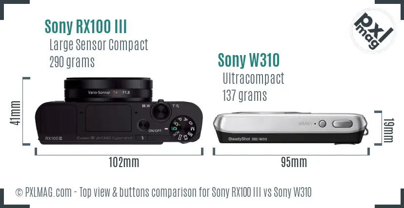 Sony RX100 III vs Sony W310 top view buttons comparison