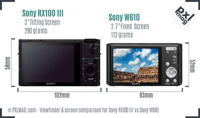 Sony RX100 III vs Sony W610 Screen and Viewfinder comparison