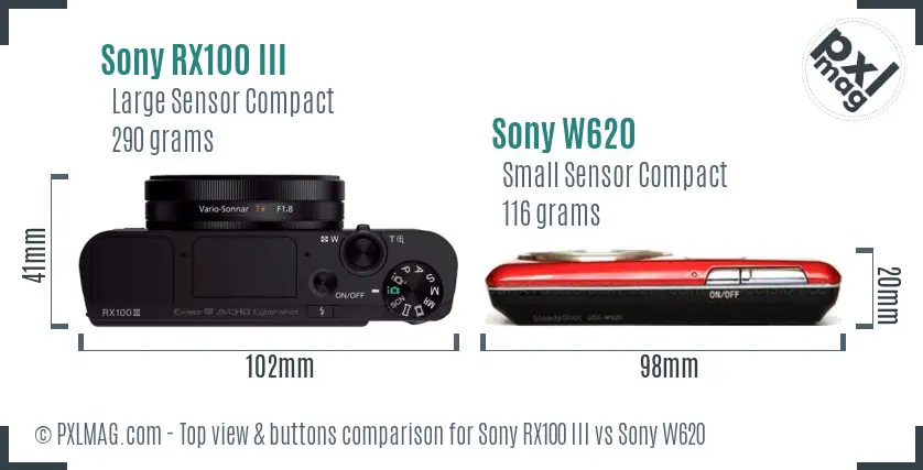 Sony RX100 III vs Sony W620 top view buttons comparison