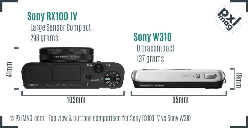 Sony RX100 IV vs Sony W310 top view buttons comparison