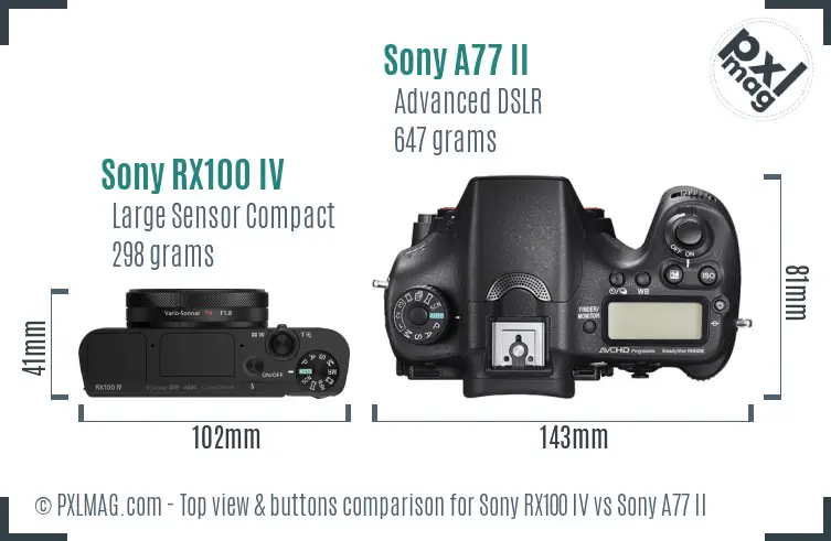 Sony RX100 IV vs Sony A77 II top view buttons comparison