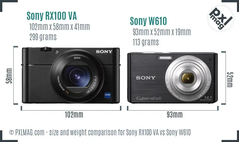 Sony RX100 VA vs Sony W610 size comparison