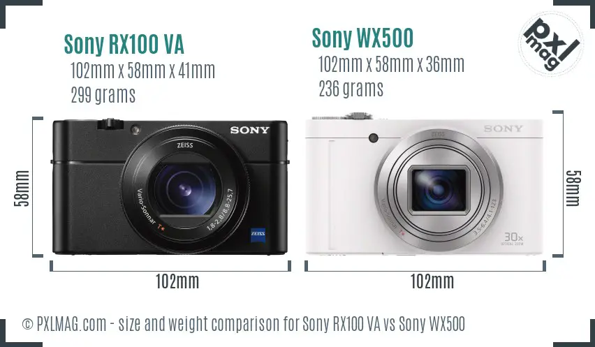 Sony RX100 VA vs Sony WX500 size comparison