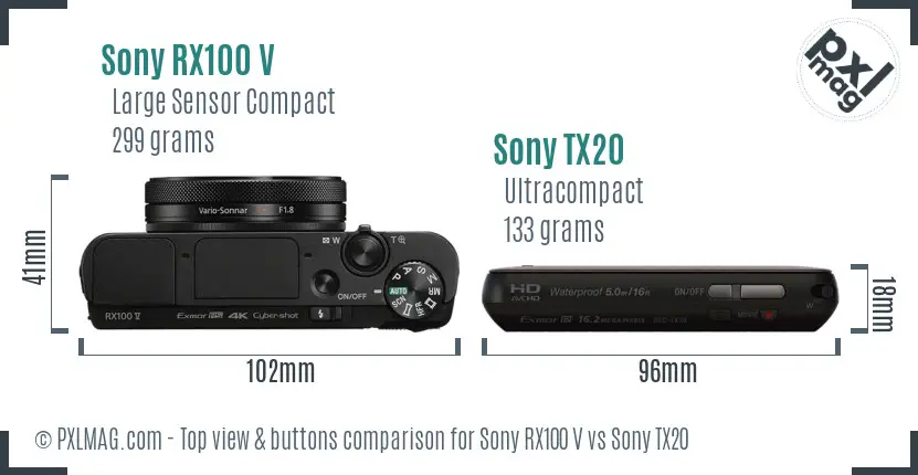 Sony RX100 V vs Sony TX20 top view buttons comparison
