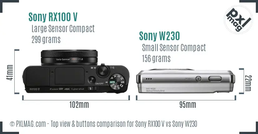 Sony RX100 V vs Sony W230 top view buttons comparison