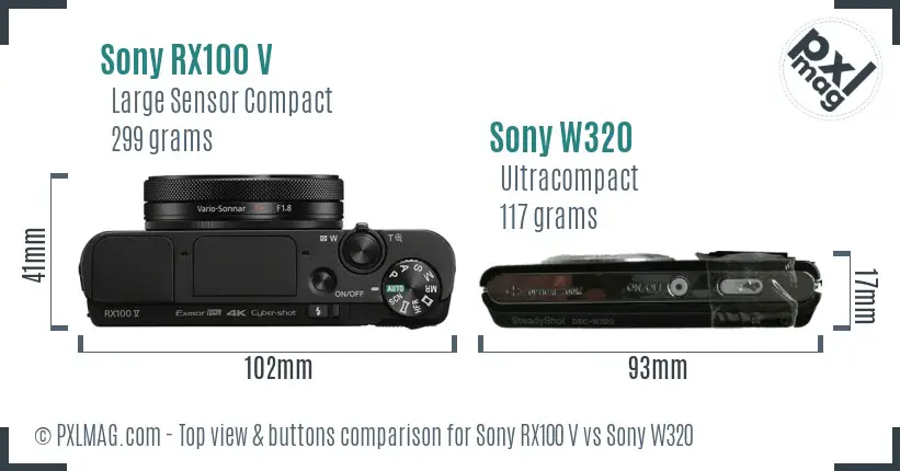 Sony RX100 V vs Sony W320 top view buttons comparison