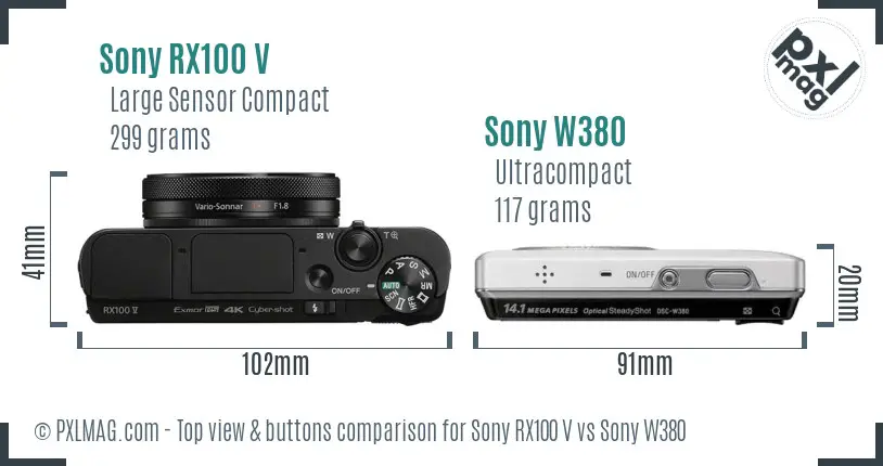 Sony RX100 V vs Sony W380 top view buttons comparison
