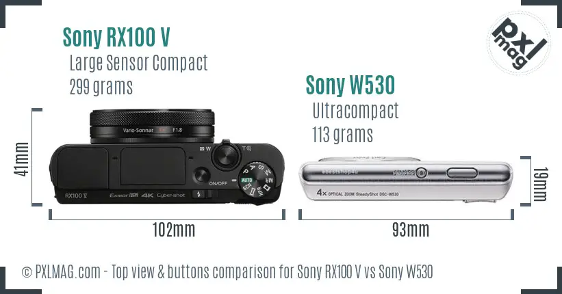 Sony RX100 V vs Sony W530 top view buttons comparison
