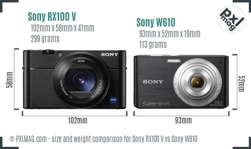 Sony RX100 V vs Sony W610 size comparison