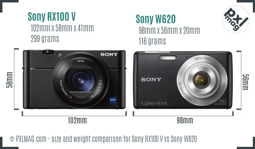 Sony RX100 V vs Sony W620 size comparison