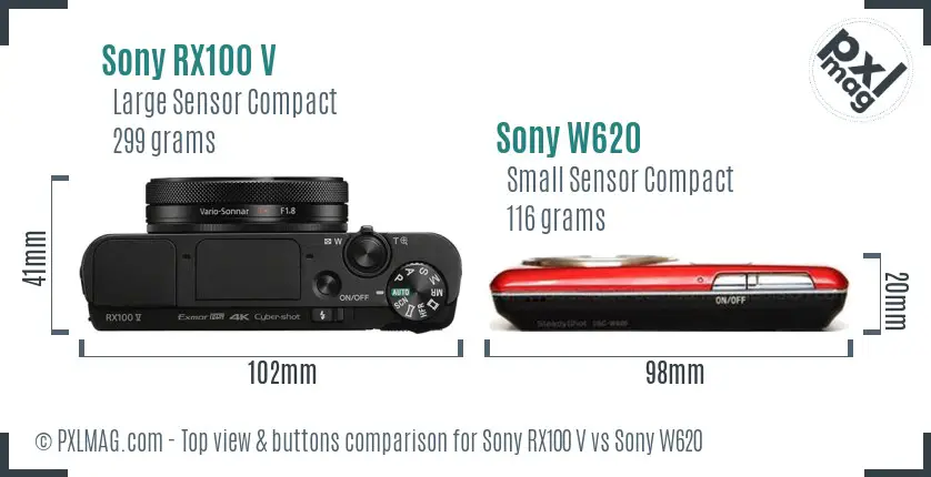 Sony RX100 V vs Sony W620 top view buttons comparison