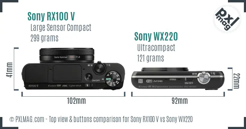 Sony RX100 V vs Sony WX220 top view buttons comparison