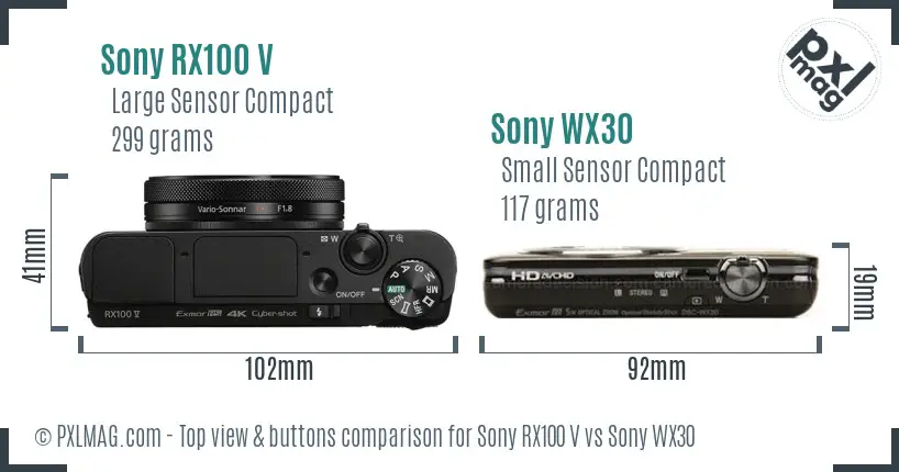 Sony RX100 V vs Sony WX30 top view buttons comparison