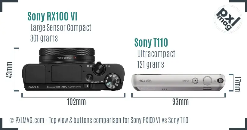 Sony RX100 VI vs Sony T110 top view buttons comparison