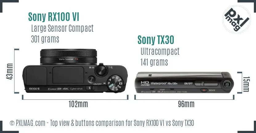 Sony RX100 VI vs Sony TX30 top view buttons comparison