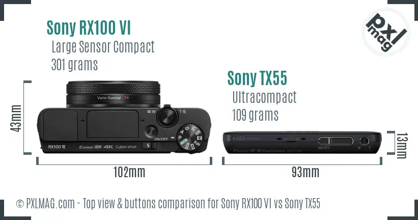 Sony RX100 VI vs Sony TX55 top view buttons comparison