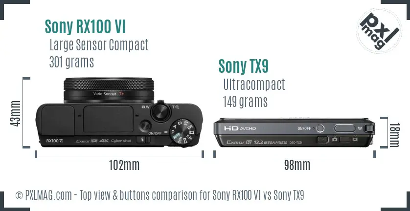Sony RX100 VI vs Sony TX9 top view buttons comparison
