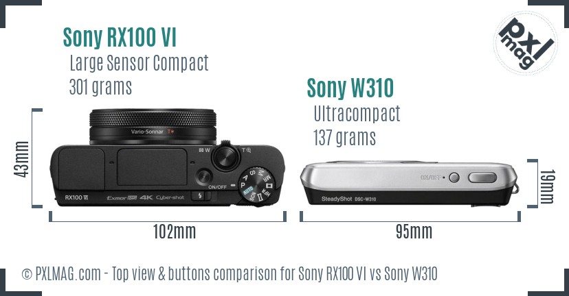 Sony RX100 VI vs Sony W310 top view buttons comparison