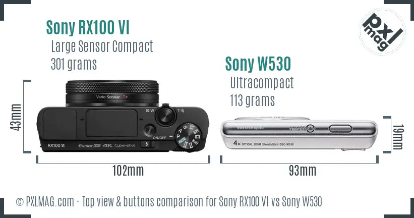 Sony RX100 VI vs Sony W530 top view buttons comparison