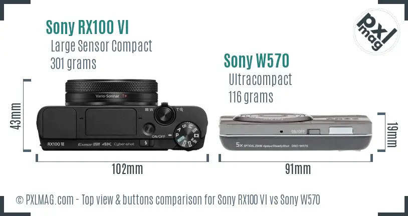 Sony RX100 VI vs Sony W570 top view buttons comparison