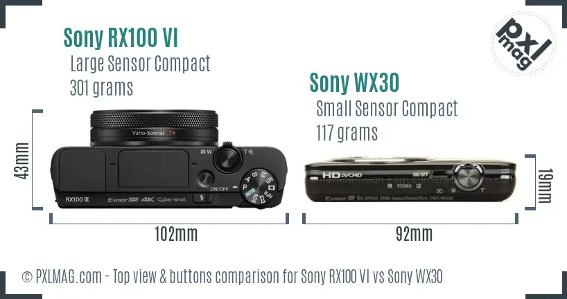 Sony RX100 VI vs Sony WX30 top view buttons comparison