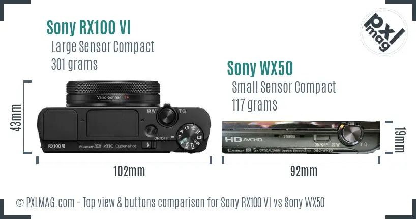 Sony RX100 VI vs Sony WX50 top view buttons comparison