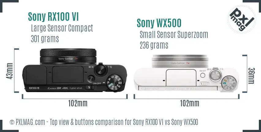 Sony RX100 VI vs Sony WX500 top view buttons comparison