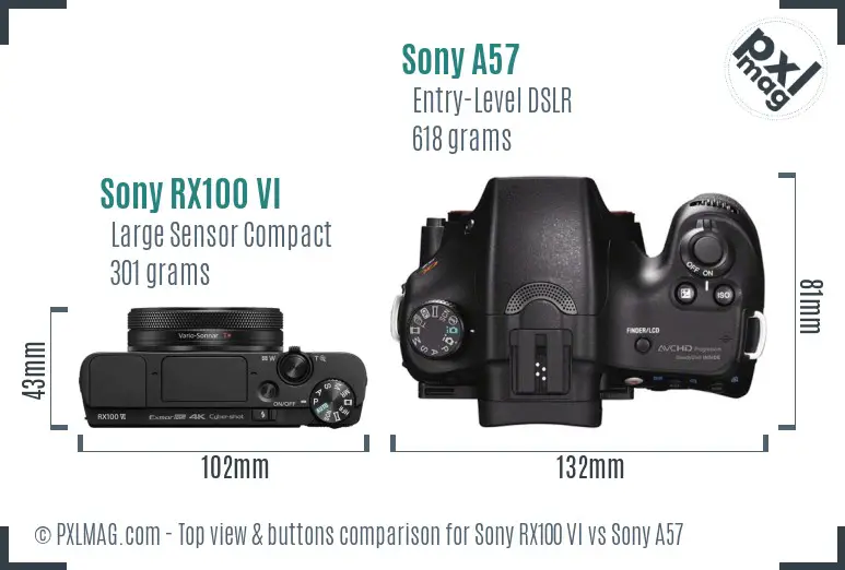 Sony RX100 VI vs Sony A57 top view buttons comparison