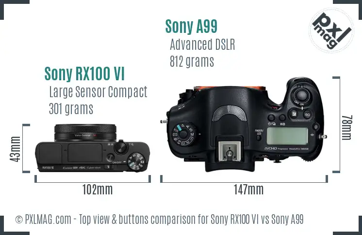 Sony RX100 VI vs Sony A99 top view buttons comparison