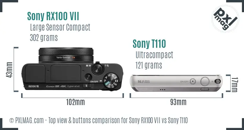 Sony RX100 VII vs Sony T110 top view buttons comparison