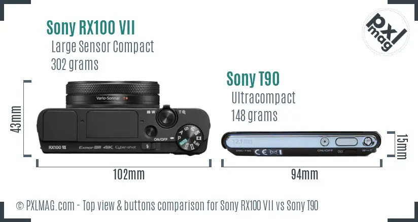 Sony RX100 VII vs Sony T90 top view buttons comparison