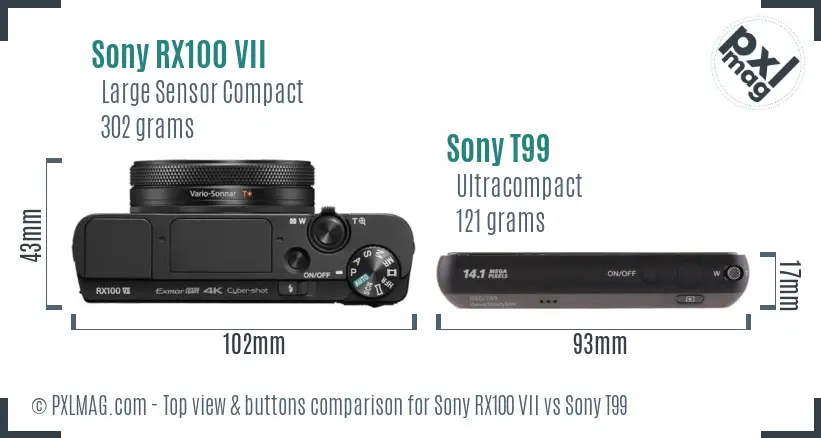 Sony RX100 VII vs Sony T99 top view buttons comparison
