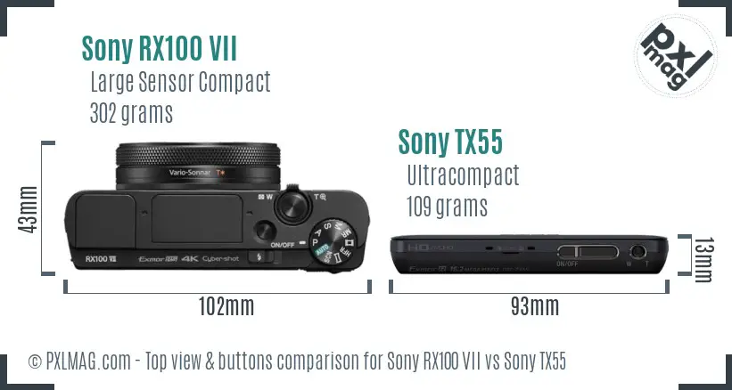 Sony RX100 VII vs Sony TX55 top view buttons comparison