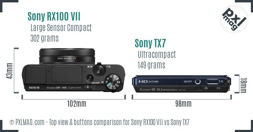 Sony RX100 VII vs Sony TX7 top view buttons comparison